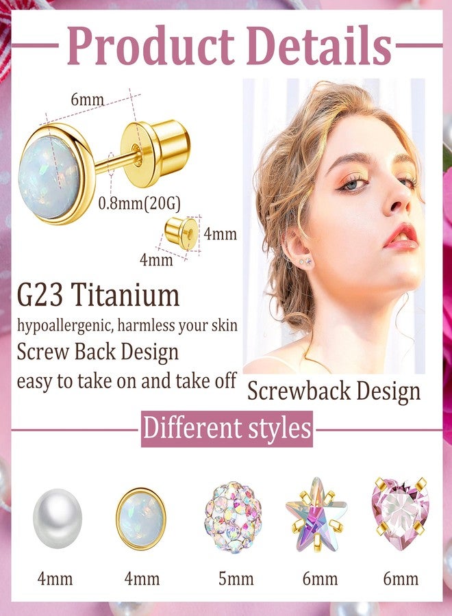 Staligue 5 Pairs Titanium Earrings for Women 20G Hypoallergenic Screw Back Stud Earrings for Sensitive Skin Cubic Zircon Heart Star Pearl Screw Back Nap Earrings Set（Golden） - Image 2